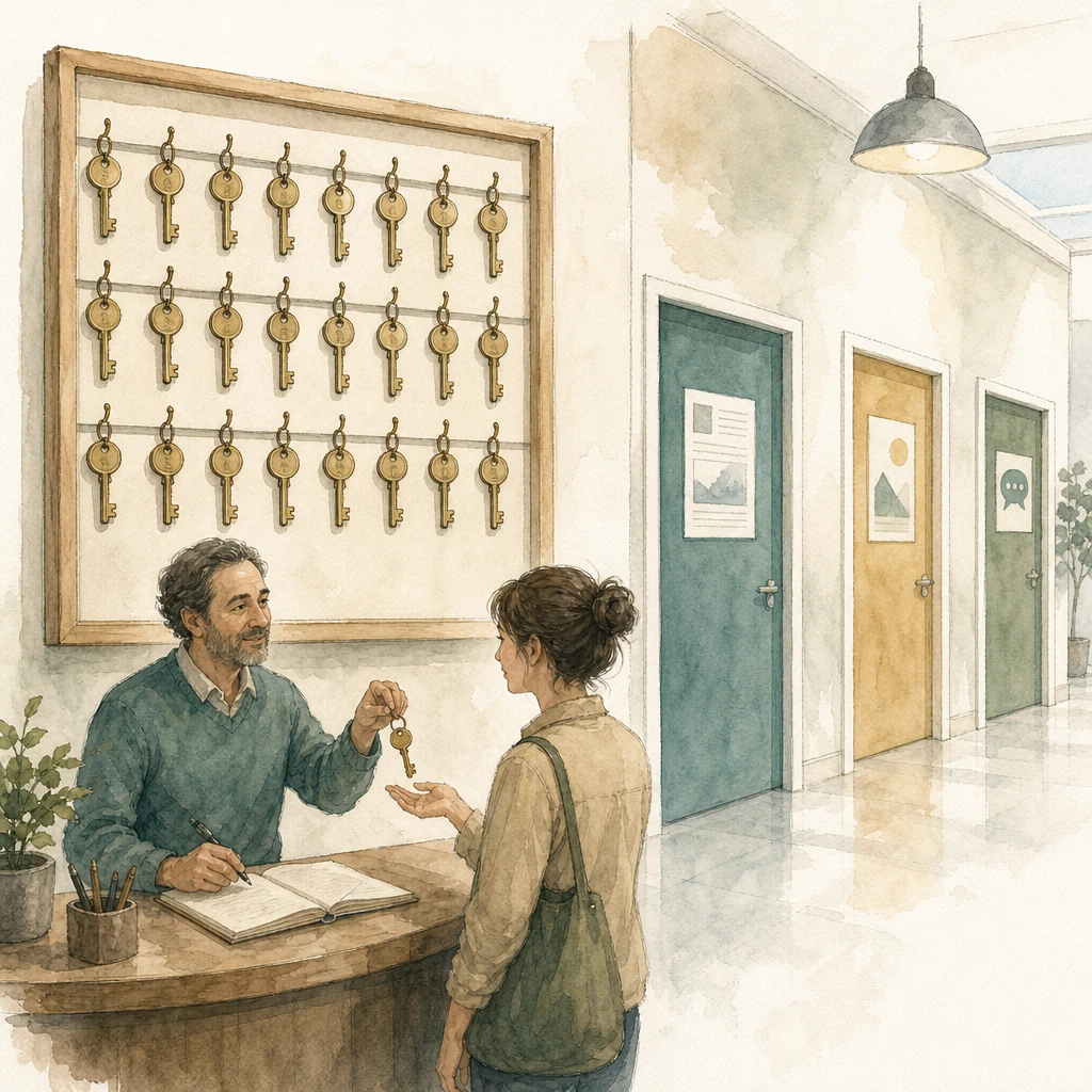 A caretaker hands out keys from a lobby key wall controlling many doors down a corridor, illustrating Meta Business Manager