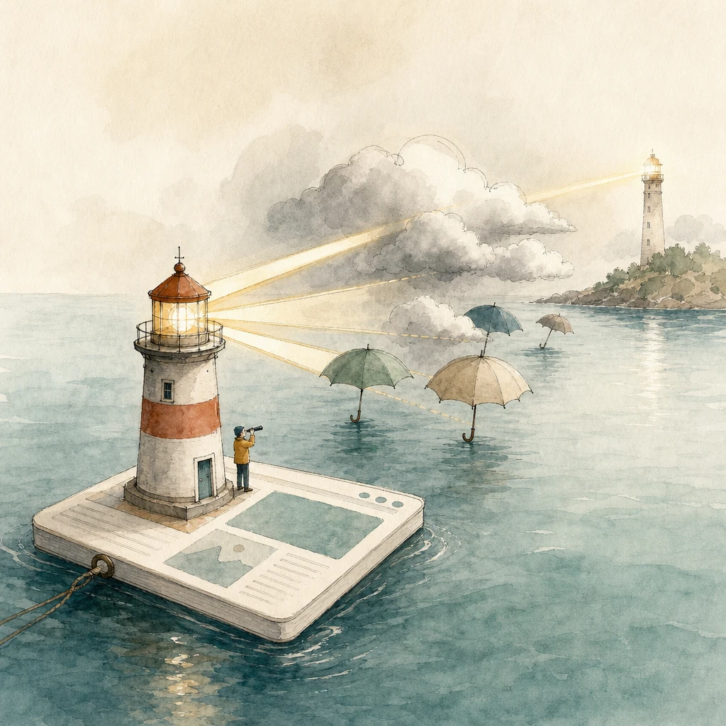 A tiny lighthouse on a webpage-shaped raft blinks signals toward a tower while clouds block some beams, illustrating the Meta Pixel