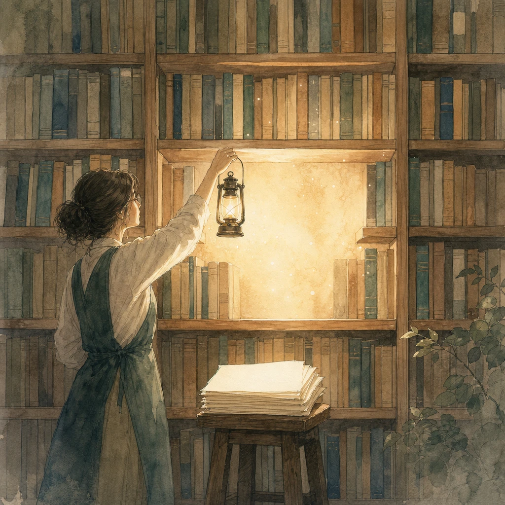 A librarian raises a lantern to a glowing empty gap in a full bookshelf, illustrating missing data in an AI project