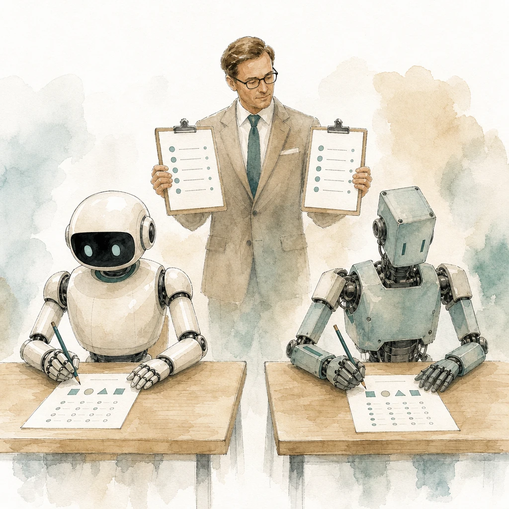 A judge scores two robots doing the same task on identical scorecards, illustrating comparative model evaluation