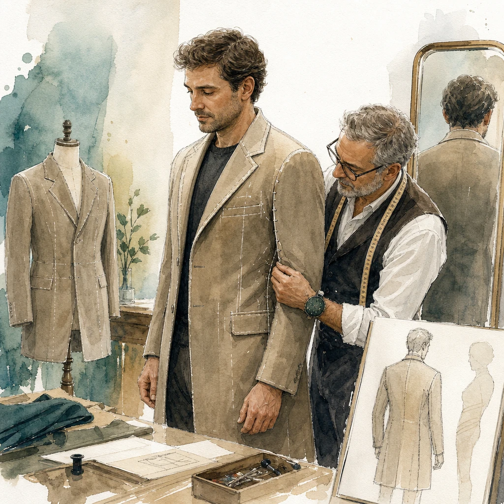 A tailor pins and chalks a generic coat to fit one specific customer, illustrating model fine-tuning