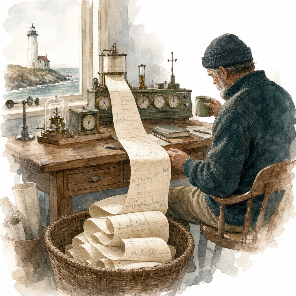Instruments tick their readings onto one long archive scroll at a lighthouse keeper's desk, illustrating AI monitoring and logging