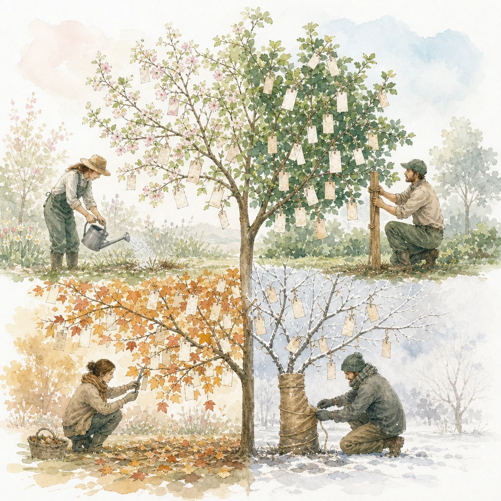 A gardener tends one young tree across four seasons while letters accumulate on its branches, illustrating a nurture sequence