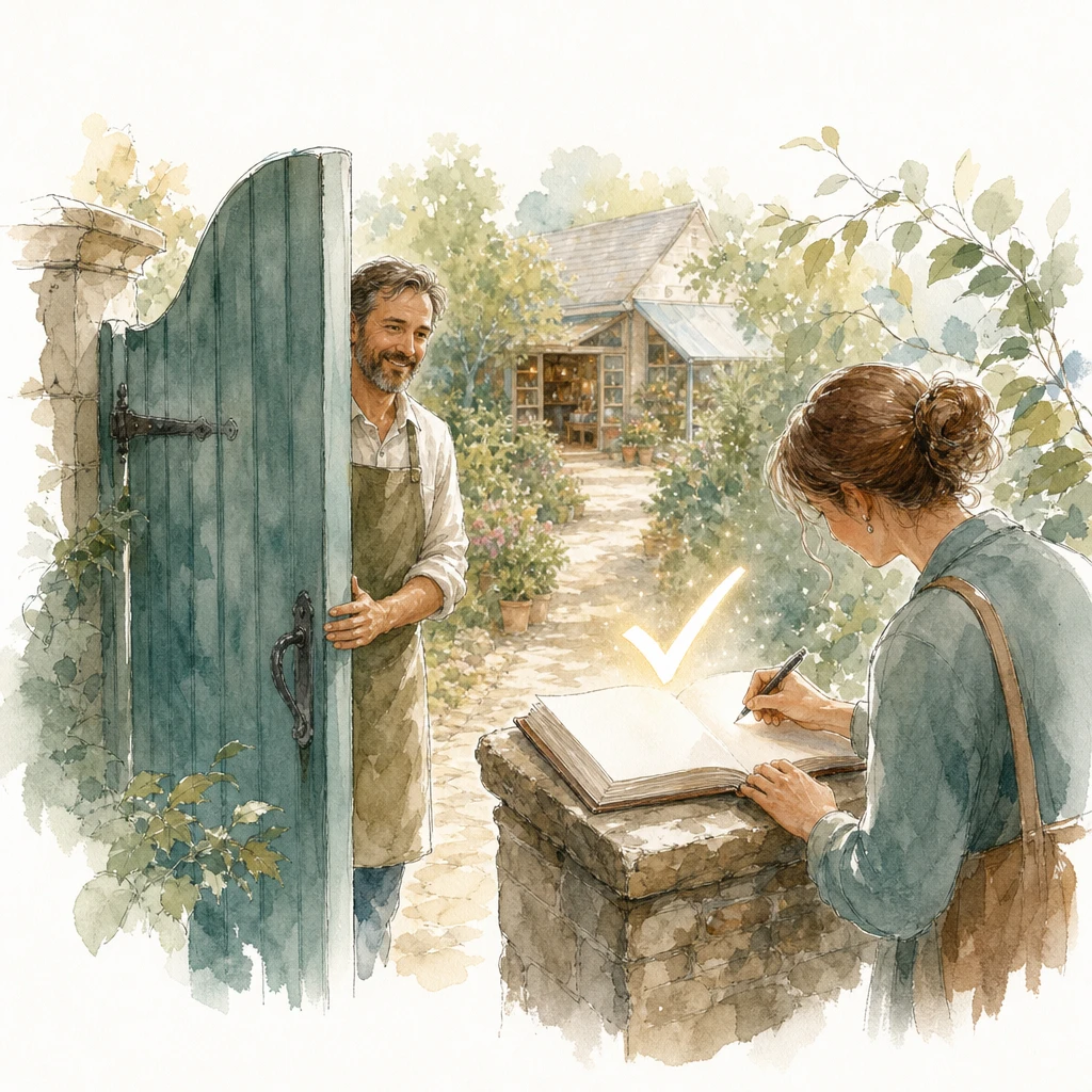 A visitor signs a guestbook at an open garden gate held by a shopkeeper, with a glowing tick above, illustrating WhatsApp opt-in consent