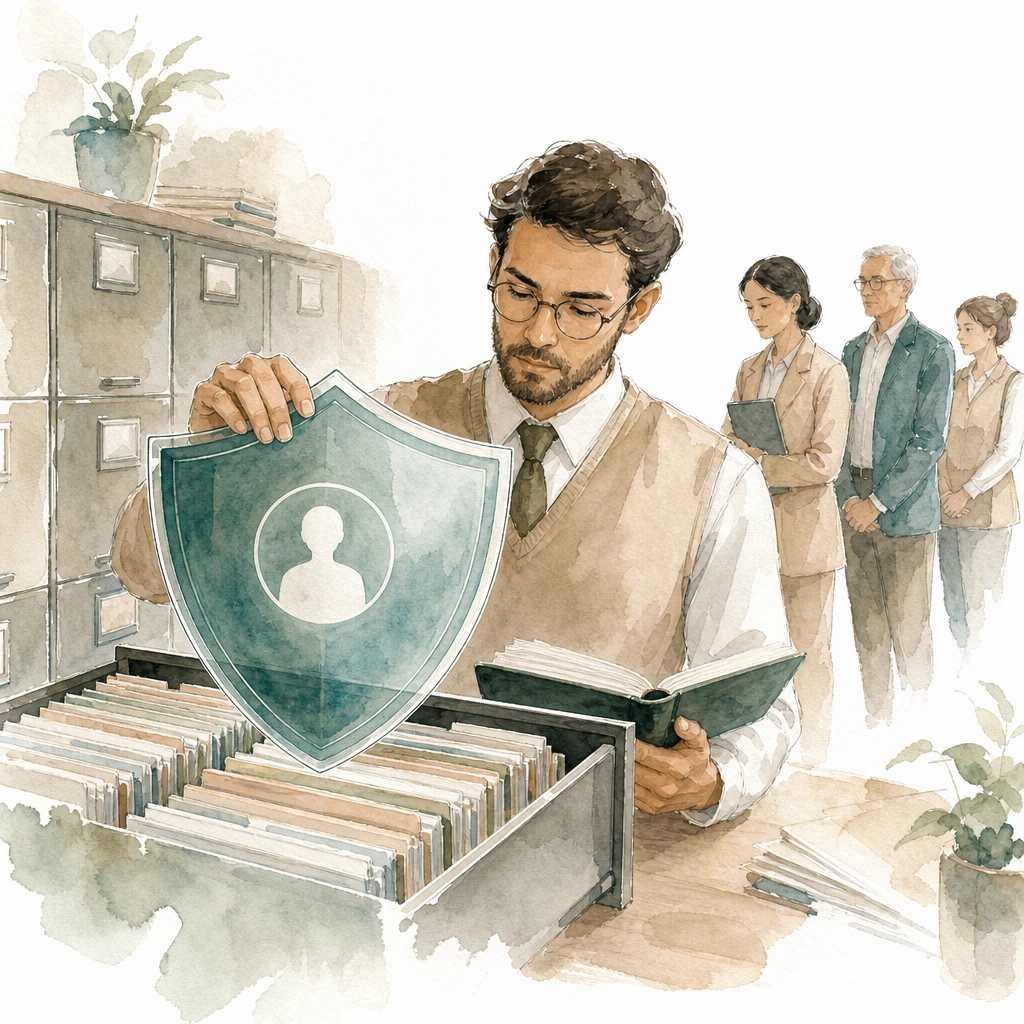 An officer holds a shield over a drawer of customer record cards and checks a ledger, illustrating Singapore's PDPA data protection law
