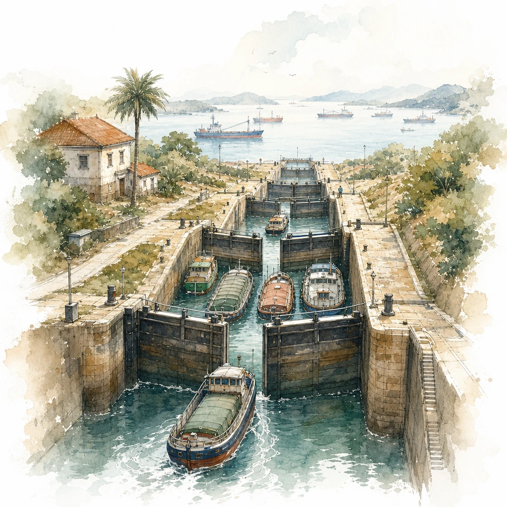 Cargo boats descend a canal through lock gates toward a harbour, with one lock crowded, illustrating sales pipeline stages