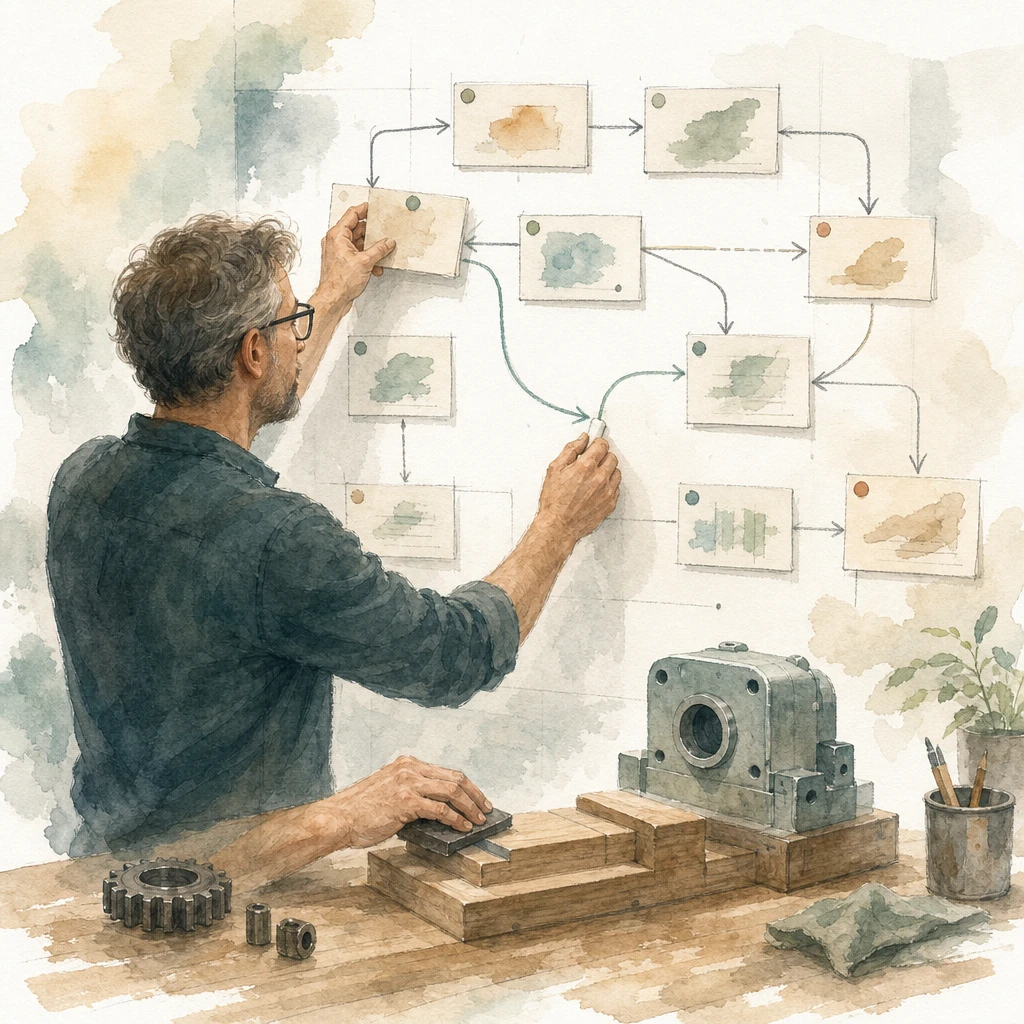 An editor moves one card and redraws one arrow on a wall flowchart while sanding a step to fit a new part, illustrating process adjustments