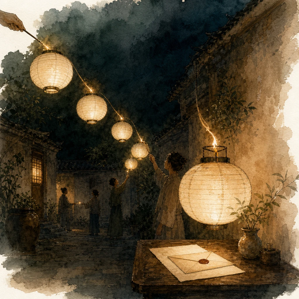 Paper lanterns light one another in sequence until the last illuminates a finished letter, illustrating prompt chains