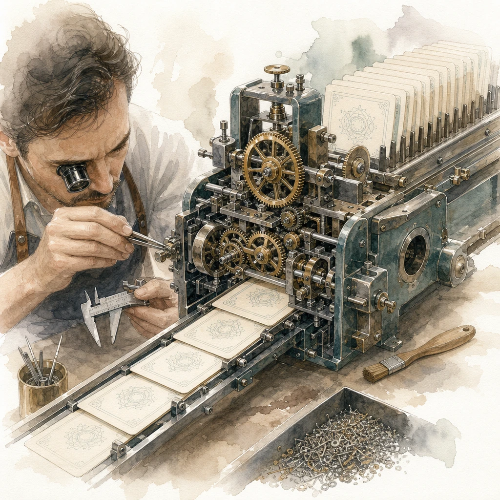 A craftsperson tunes a small instruction machine with calipers so every test card emerges identical, illustrating prompt engineering