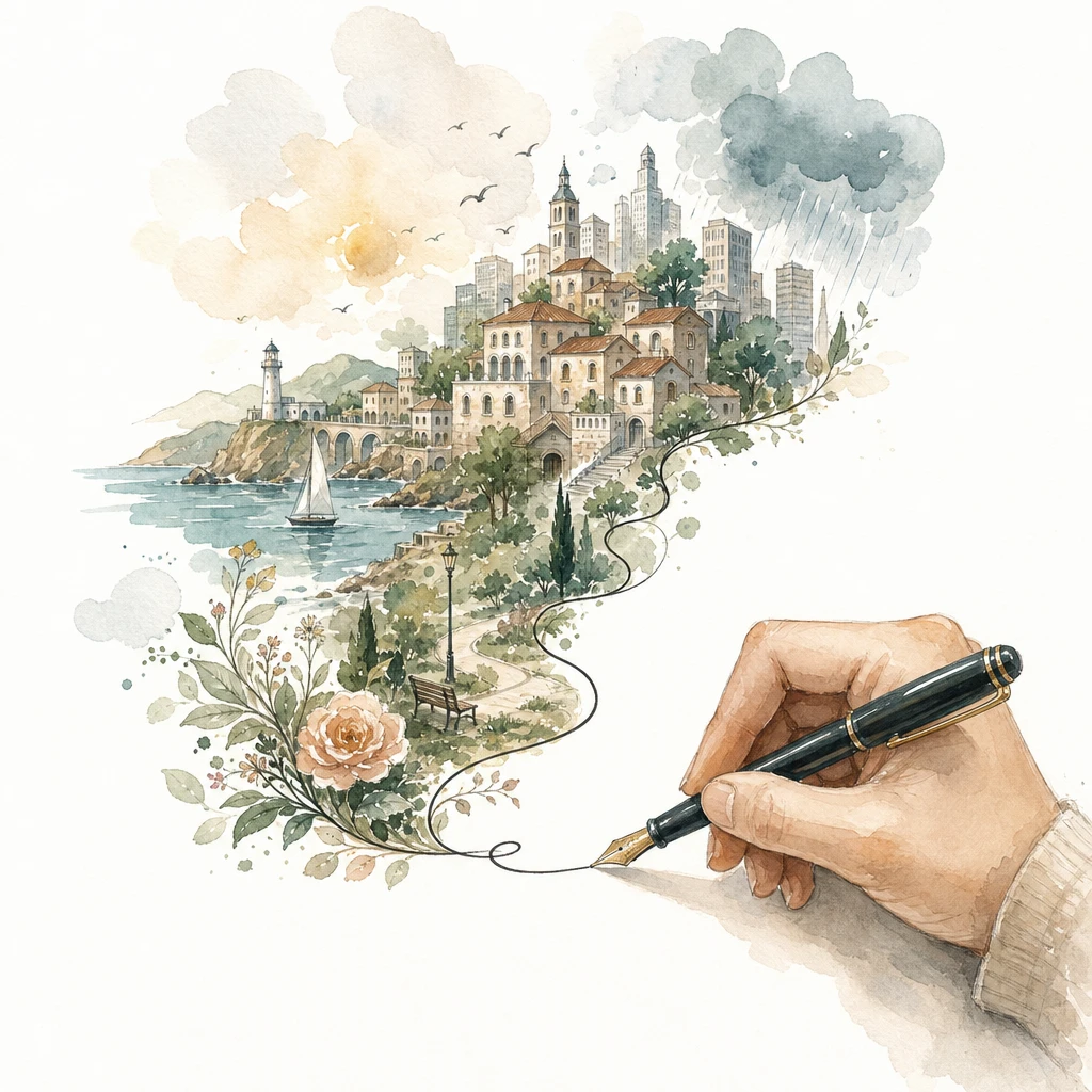 A miniature world blooms from a single handwritten line of ink, illustrating how a prompt shapes an LLM's output