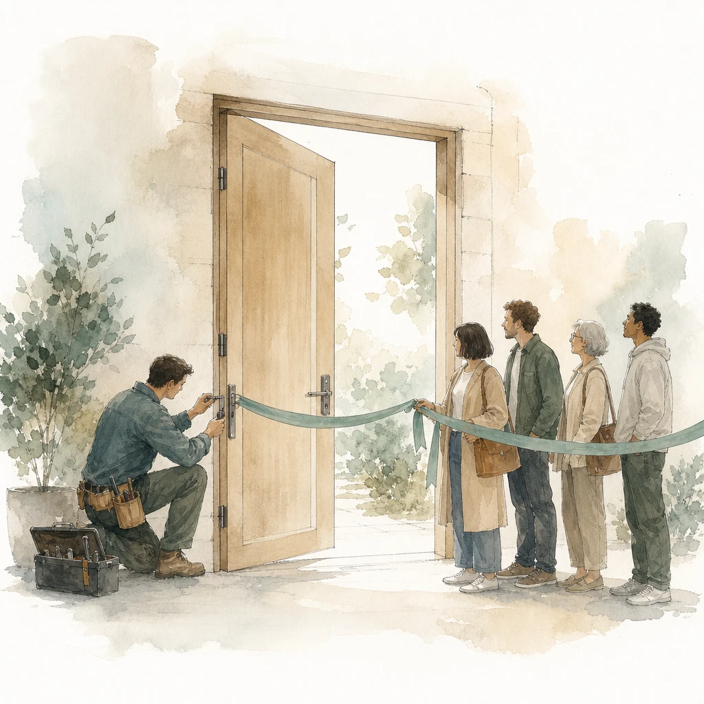 A technician tests a new door and then everyday users try it before a ribbon is cut, illustrating QA and user acceptance testing