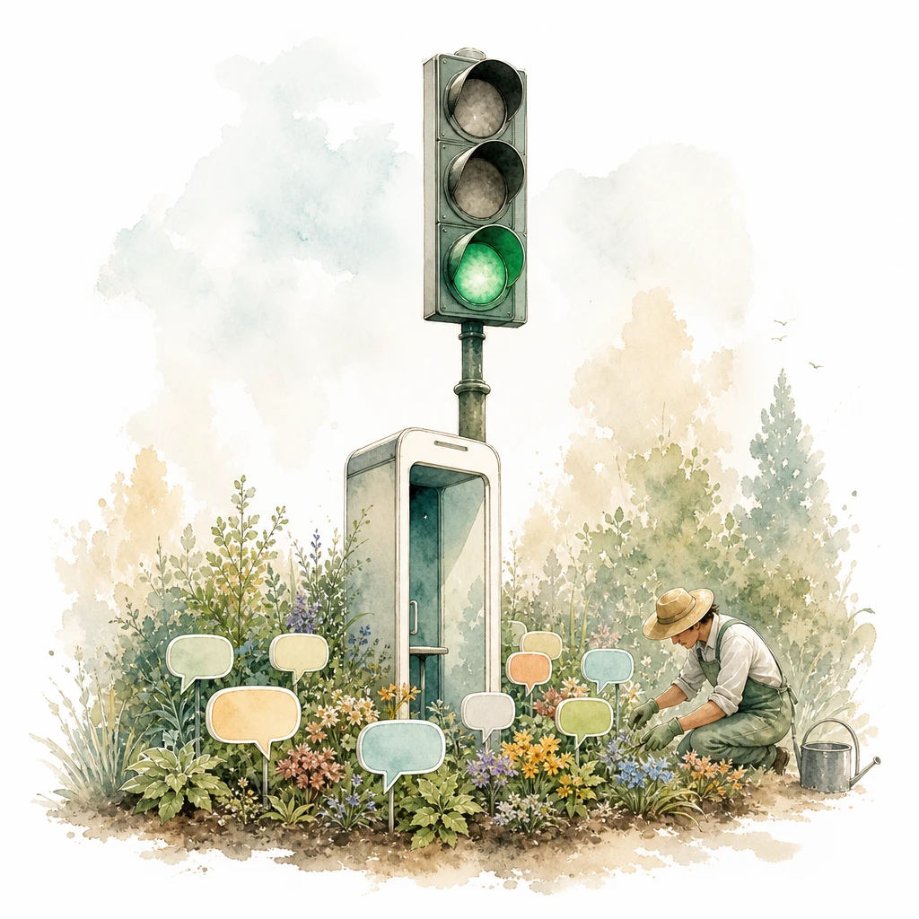 A traffic light glows green over a phone kiosk while a gardener tends a flowerbed of chat bubbles, illustrating WhatsApp quality rating