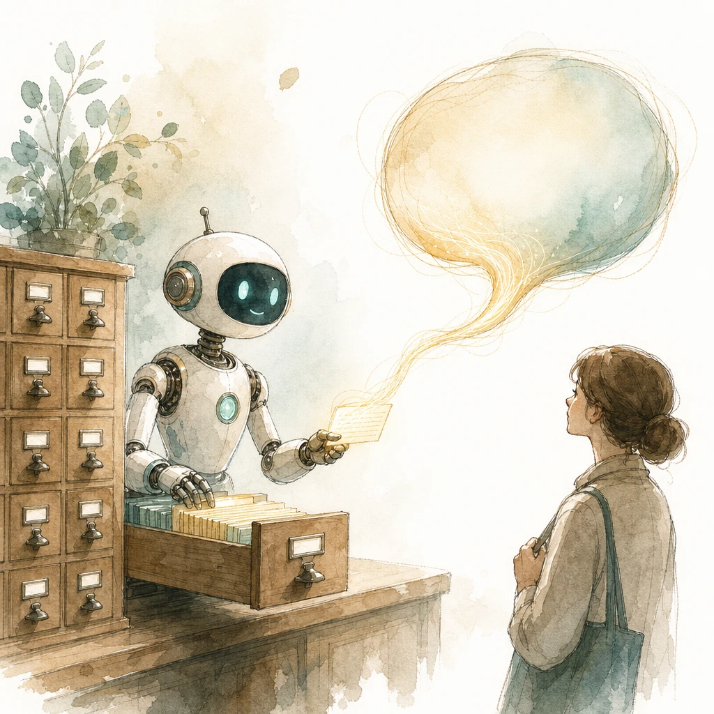 An assistant robot weaves a glowing index card from a catalog drawer into its answer bubble, illustrating retrieval-augmented generation