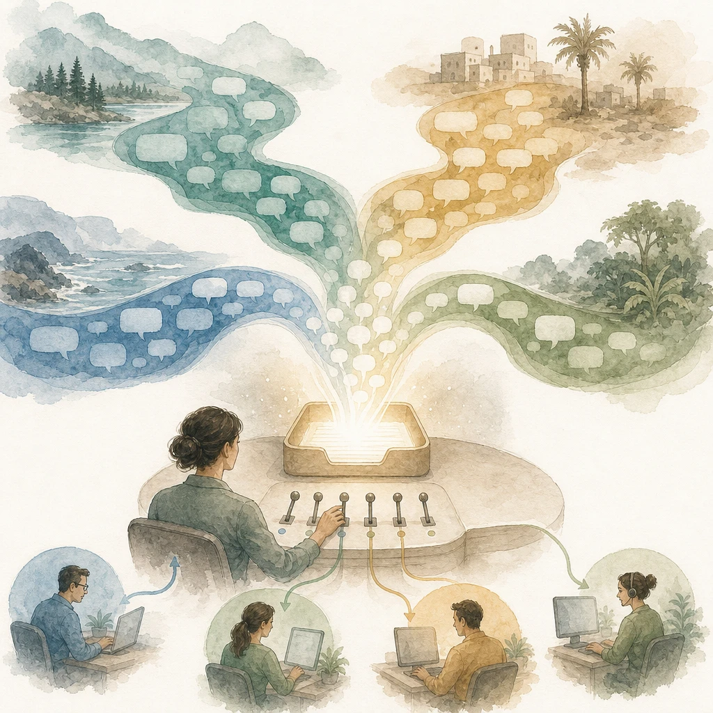 Four rivers of chat bubbles merge into one tidy inbox at a control desk, illustrating the respond.io messaging platform