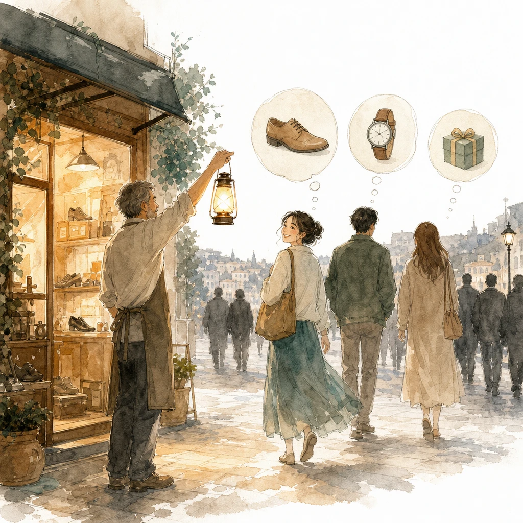 A shopkeeper raises a lantern to call back passing visitors who are still thinking about items they saw earlier: a shoe, a watch and a gift box