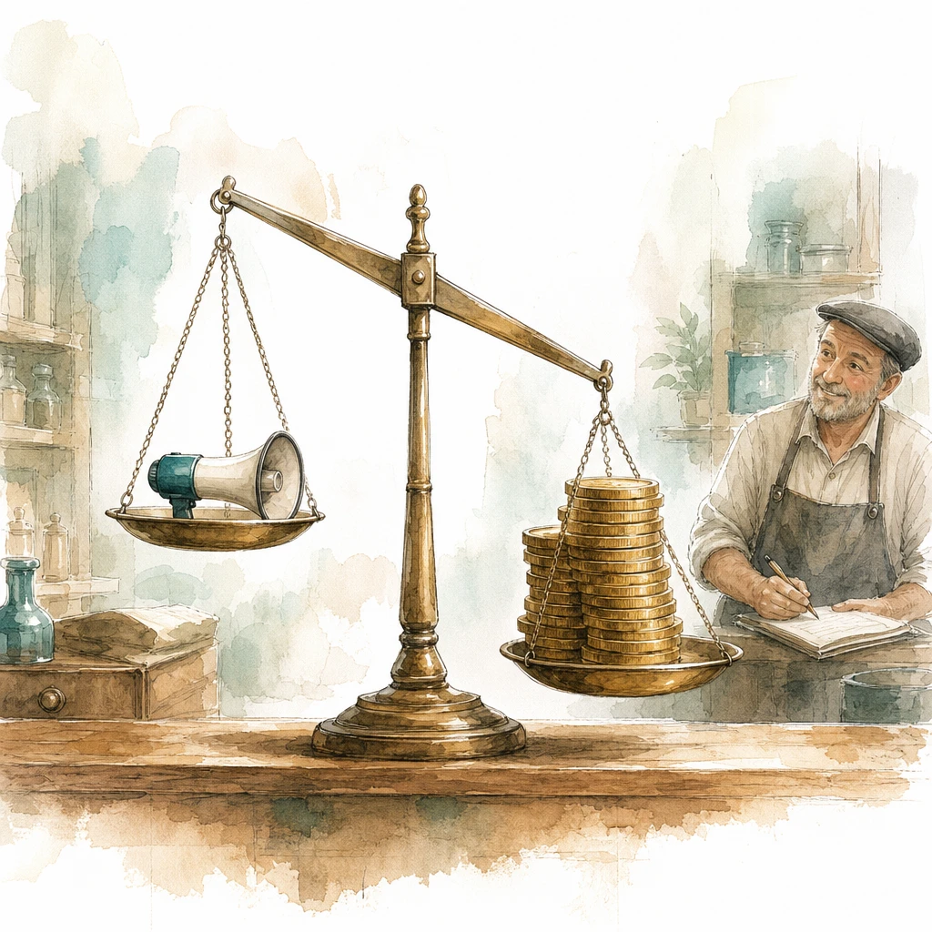 A balance scale weighs a stack of coins against a small megaphone, with the coins heavier, illustrating return on ad spend