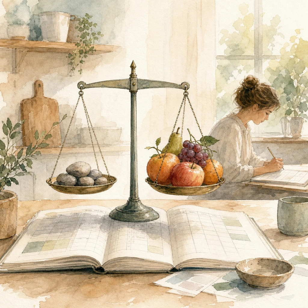 A two-pan scale on an open ledger weighs pebbles against ripening fruit, illustrating ROI modeling for an AI deployment
