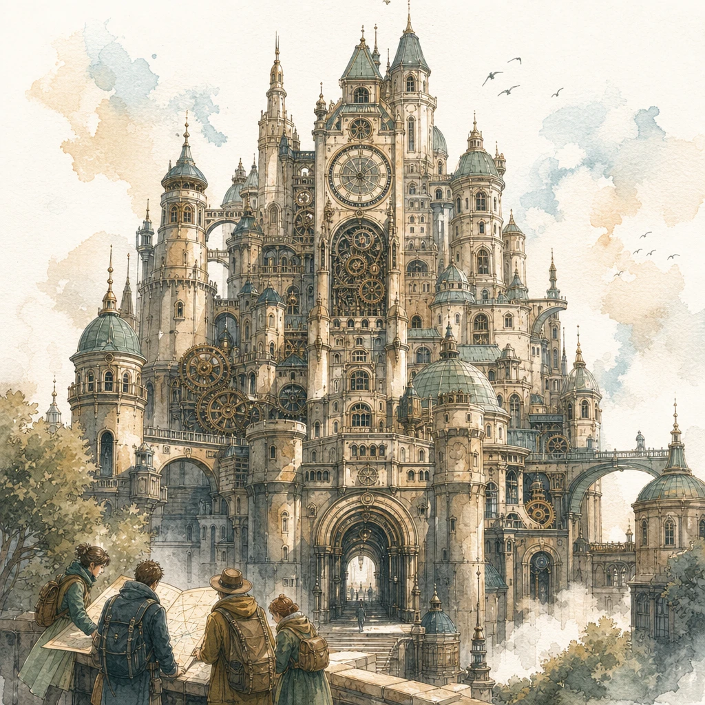 A small team studies a map before entering a vast clockwork palace of towers and gears, illustrating the Salesforce enterprise CRM