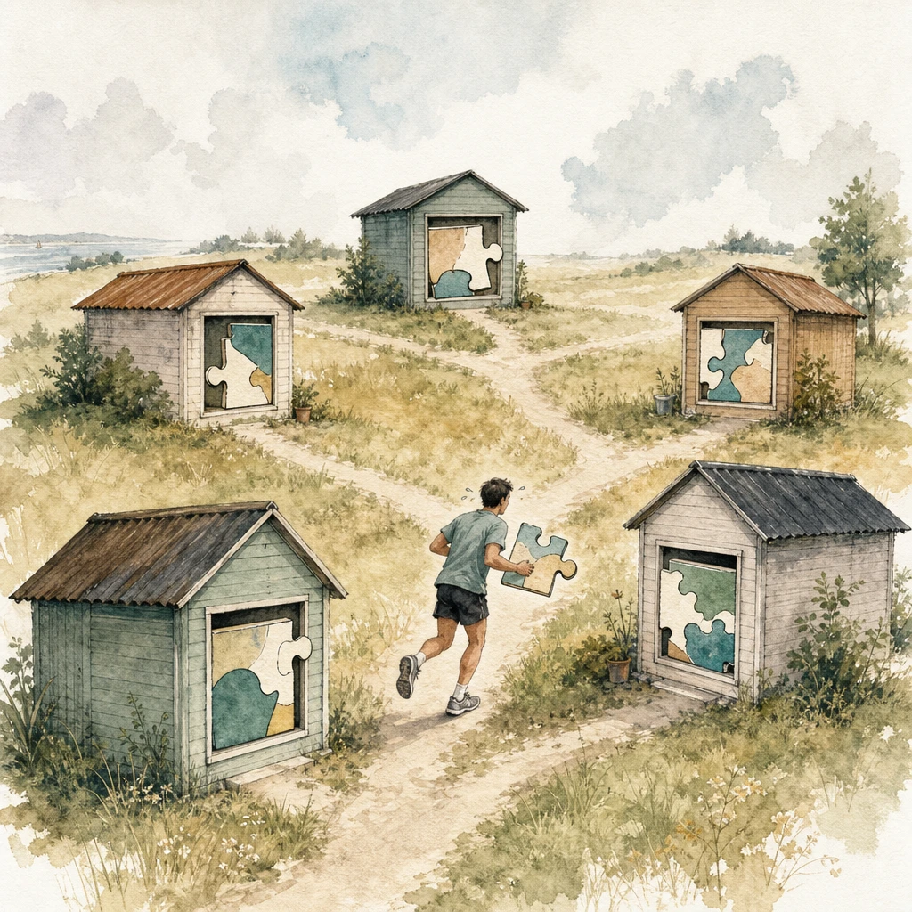 Five field sheds each hold pieces of one jigsaw while a runner ferries pieces between them, illustrating scattered business data