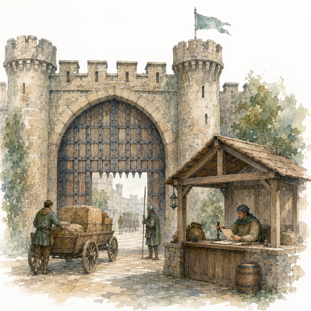 A castle entrance pairs a strong gate with an inspector's stamp checkpoint, illustrating security and compliance controls