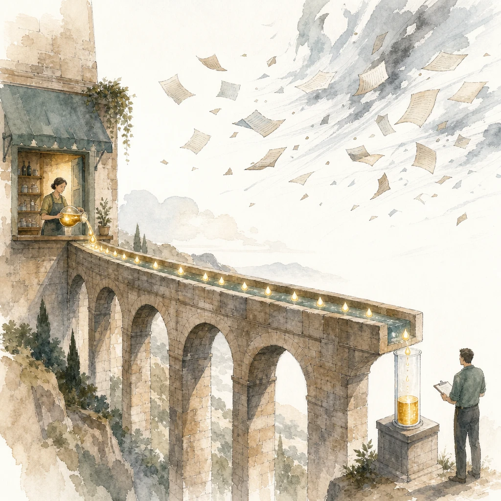An aqueduct carries a steady stream of glowing droplets past wind-scattered paper notes, illustrating server-side tracking reliability