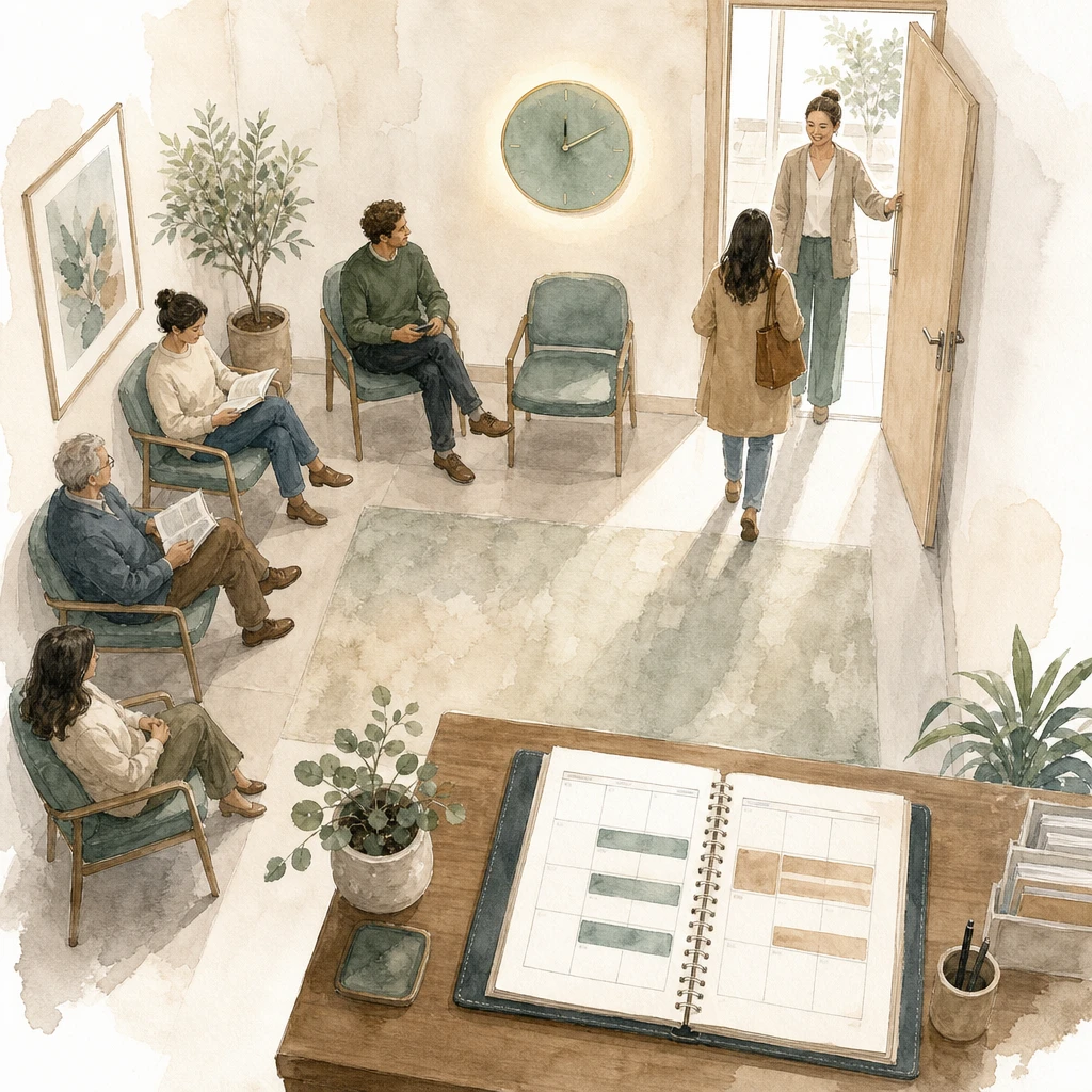 A waiting room with most chairs filled and one empty beside a clock, illustrating appointment show rate