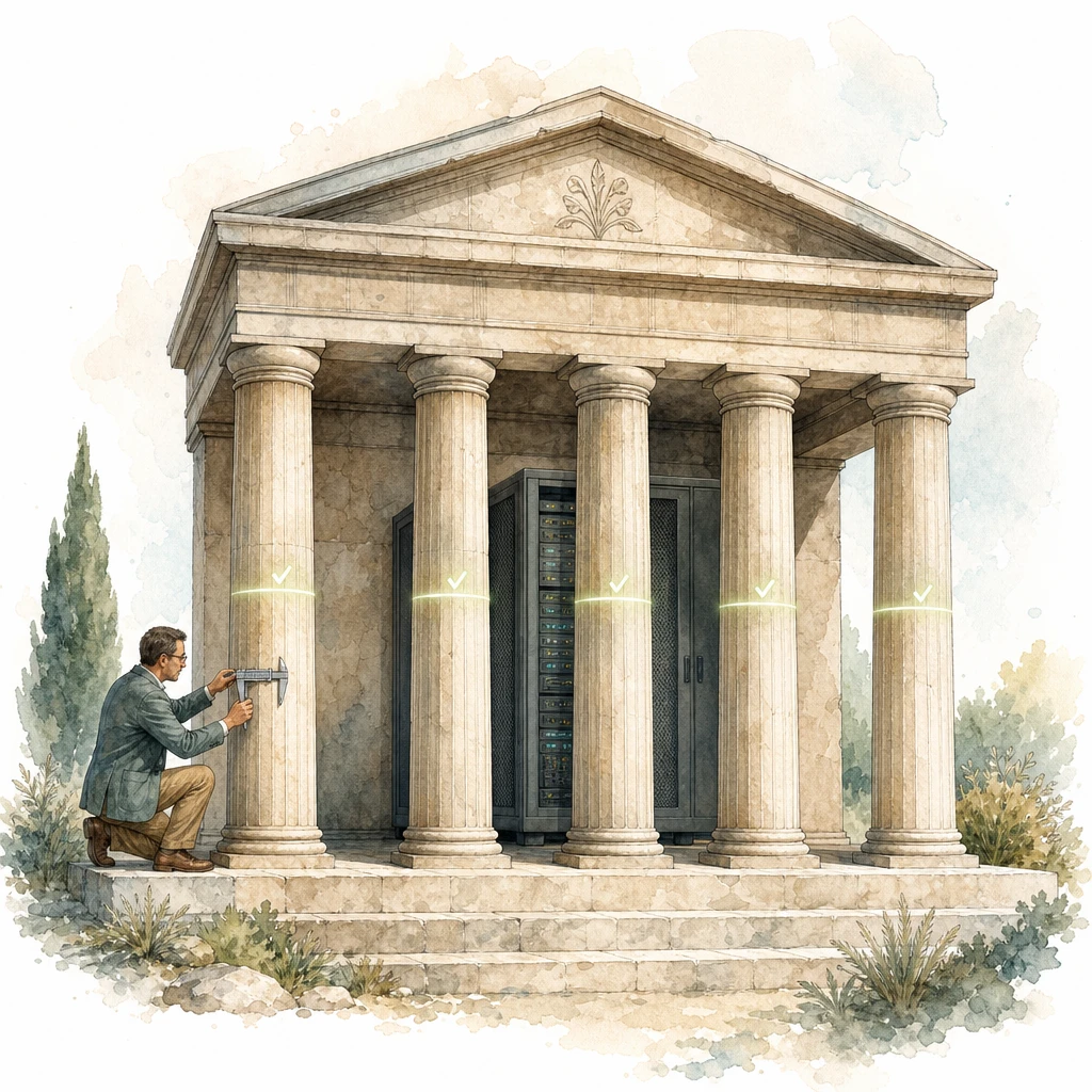 An auditor measures five stone pillars holding a portico over a server cabinet, illustrating the five SOC 2 trust principles