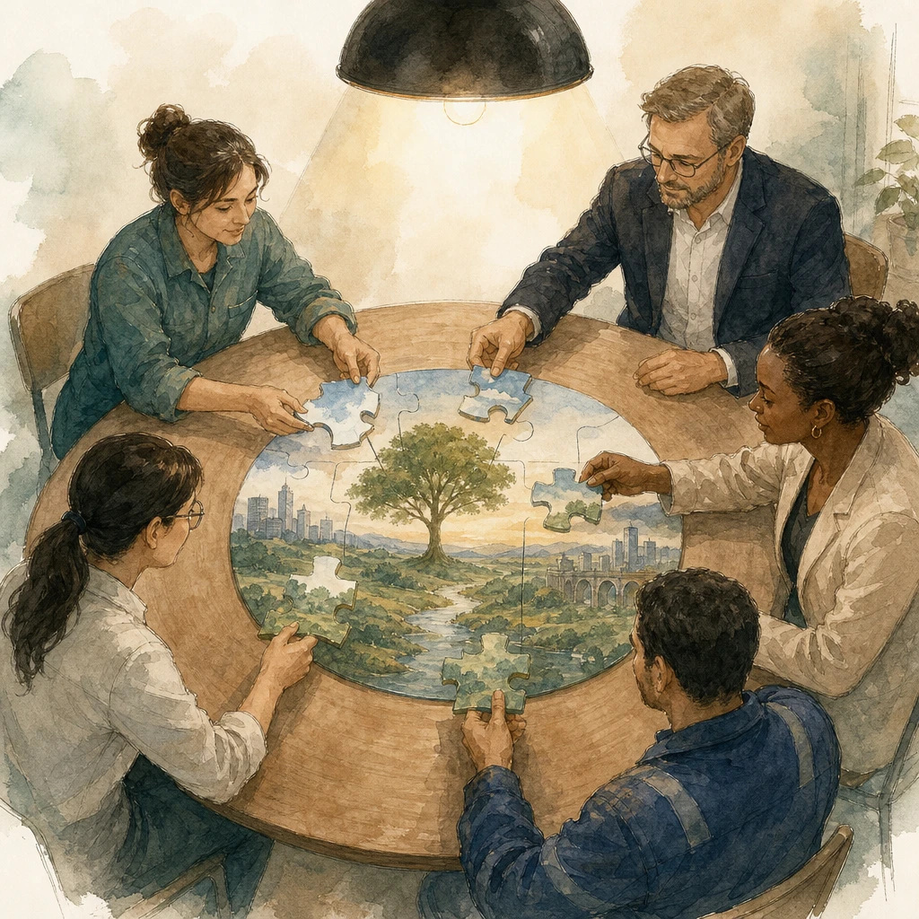 Five differently dressed figures complete one shared puzzle at a round table, illustrating stakeholder alignment for an AI project