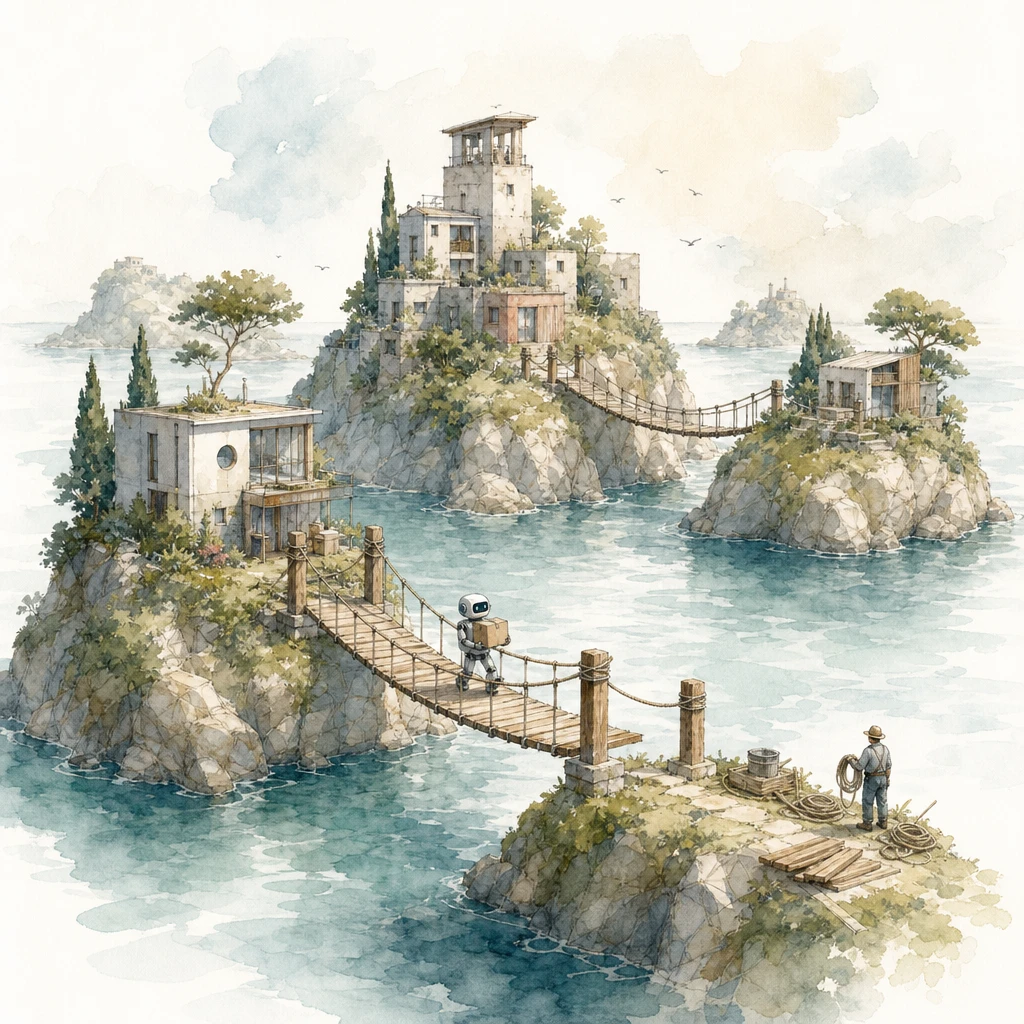 A small robot crosses new footbridges connecting building-topped islands, illustrating system integrations