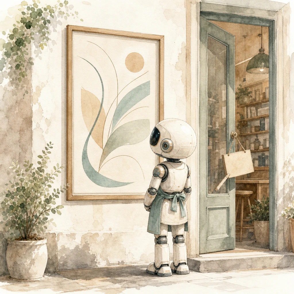 An assistant robot reads a framed wall charter before opening its shop, illustrating an AI agent's system prompt