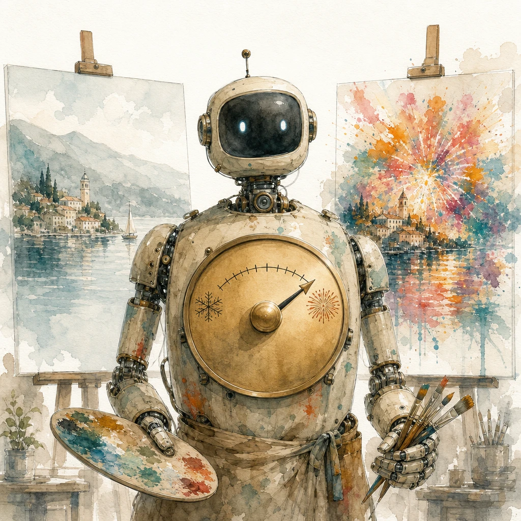 A painter robot's dial spans from a snowflake to a firework, with one precise and one wild canvas behind, illustrating LLM temperature