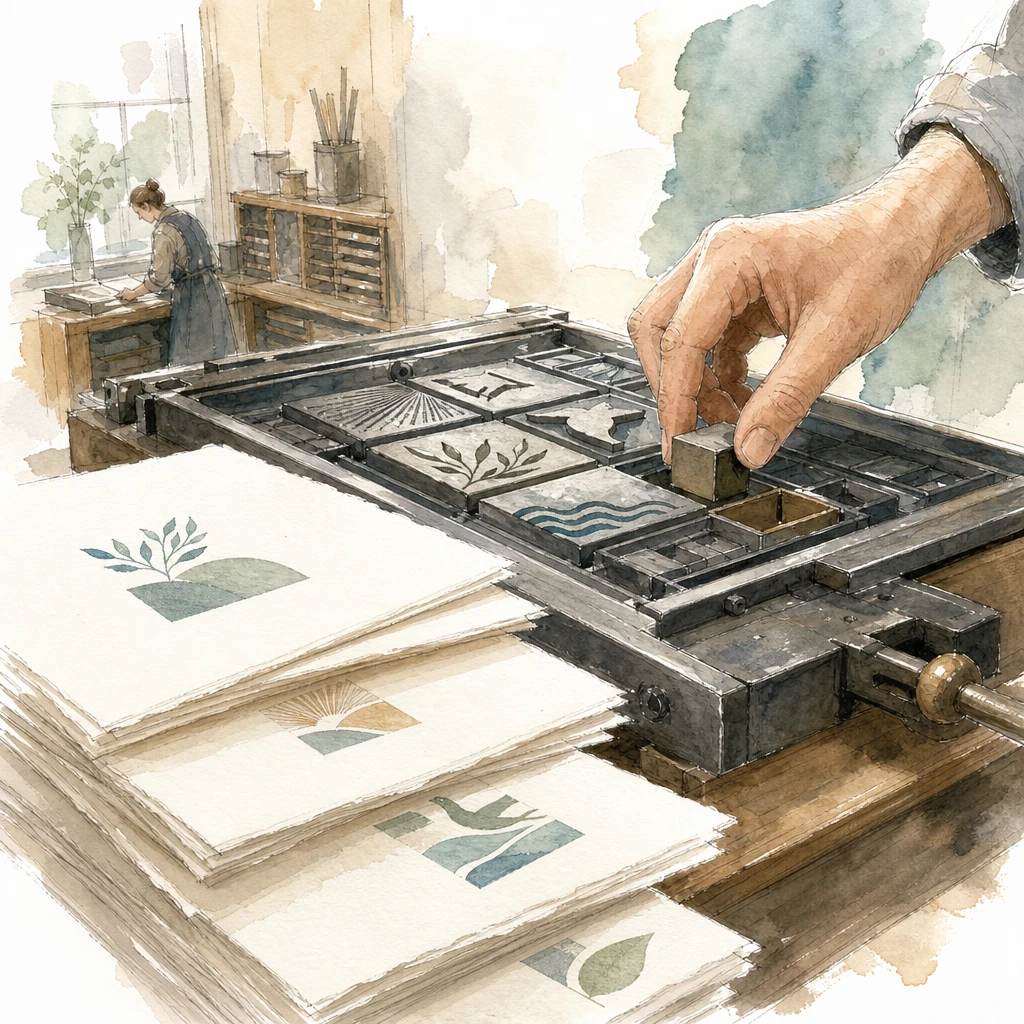 A letterpress printer slides personalised blocks into empty slots of a fixed form, illustrating WhatsApp template variables