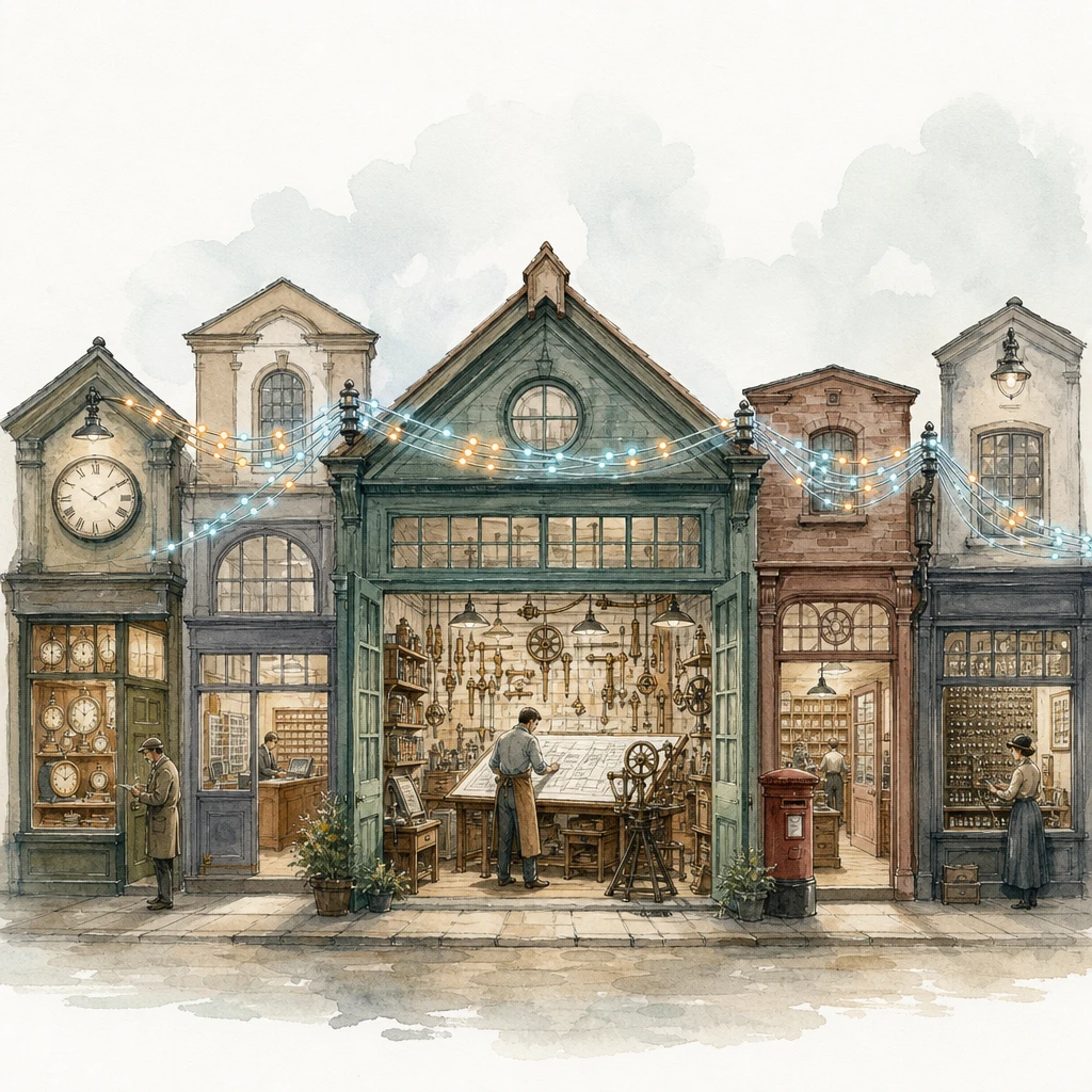 A workshop connects by overhead cords to a street of specialist shops, illustrating third-party services in an AI stack