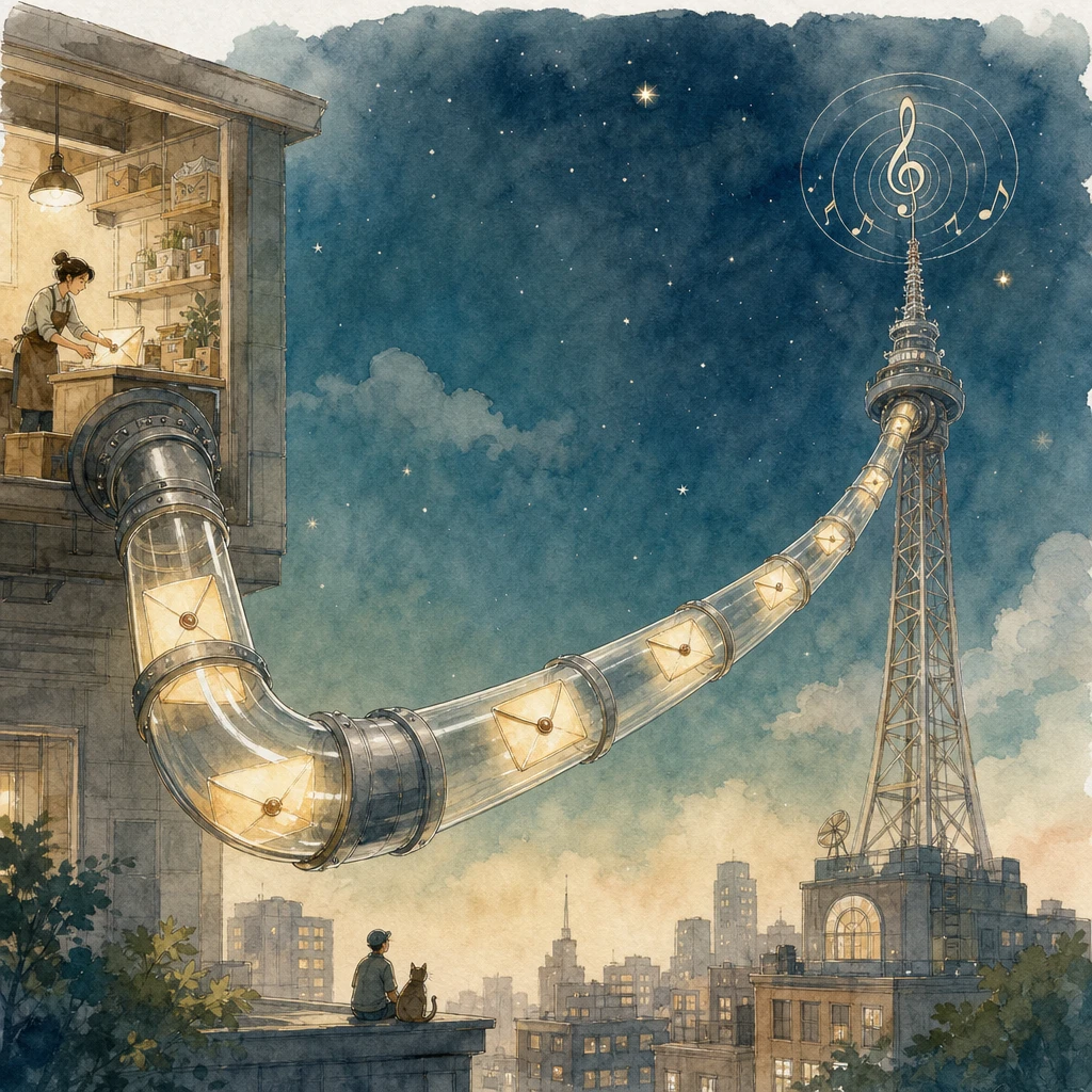 Pneumatic tubes deliver glowing envelopes from a shop to a broadcast tower at night, illustrating TikTok Lower Funnel Events server-side tracking