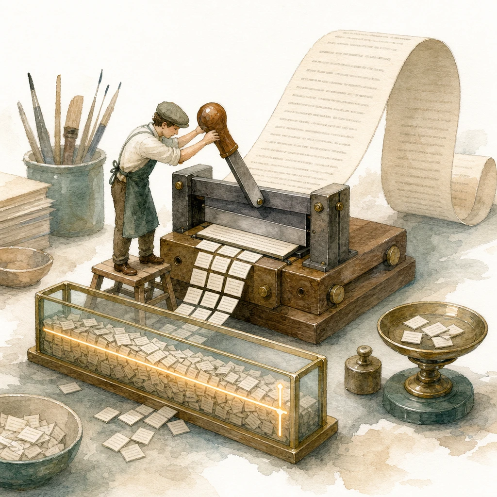 A typesetter slices a ribbon of text into small tiles collecting in a measuring tray, illustrating LLM tokens