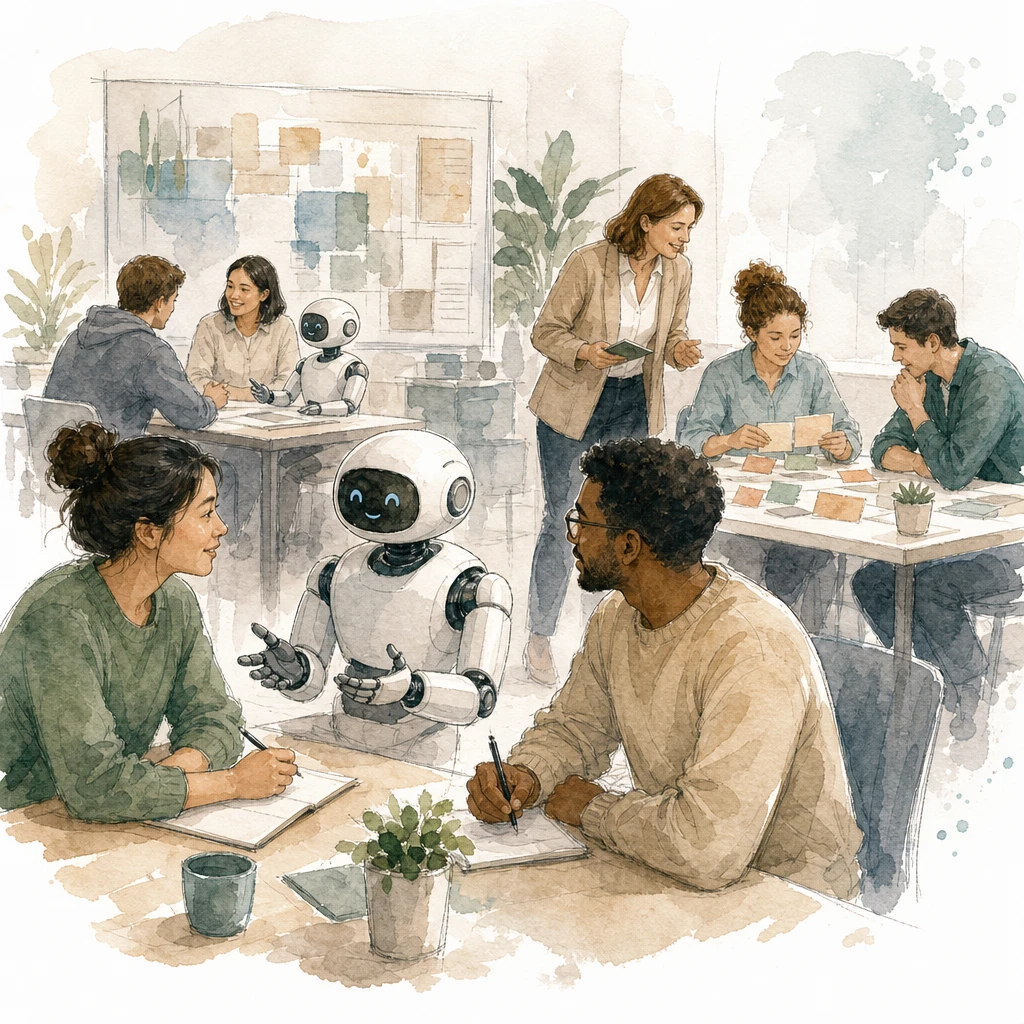 Team members practise at classroom stations beside their new robot colleague, illustrating AI training and enablement