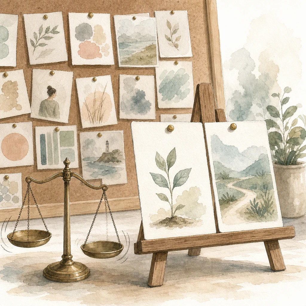 A planner moves two idea cards from a crowded corkboard onto a small easel beside a balance scale, illustrating AI use case prioritization