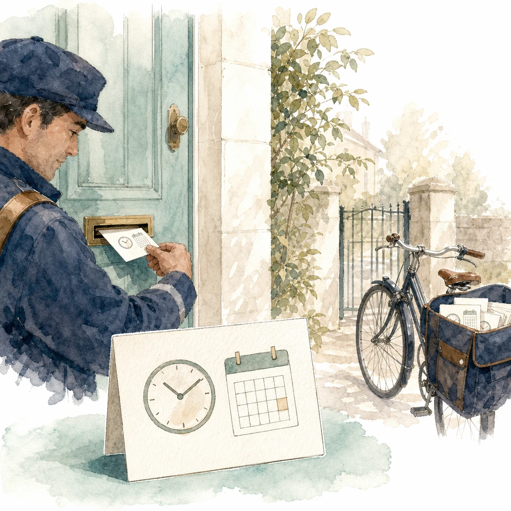 A postman delivers a small neat card with a clock and calendar motif through a letterbox, illustrating a WhatsApp utility template