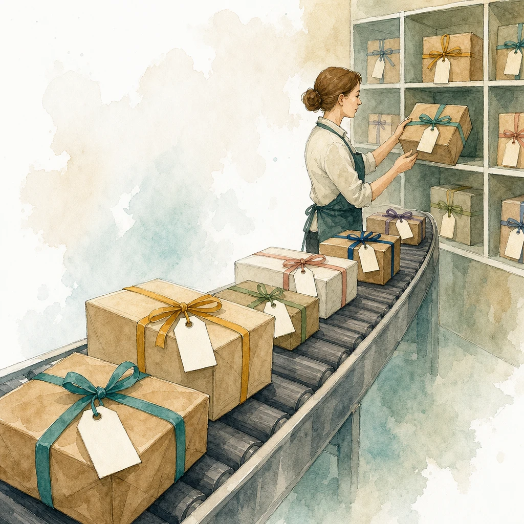 Parcels on a conveyor carry colour-ribboned tags a clerk uses to shelve them by origin, illustrating UTM parameters