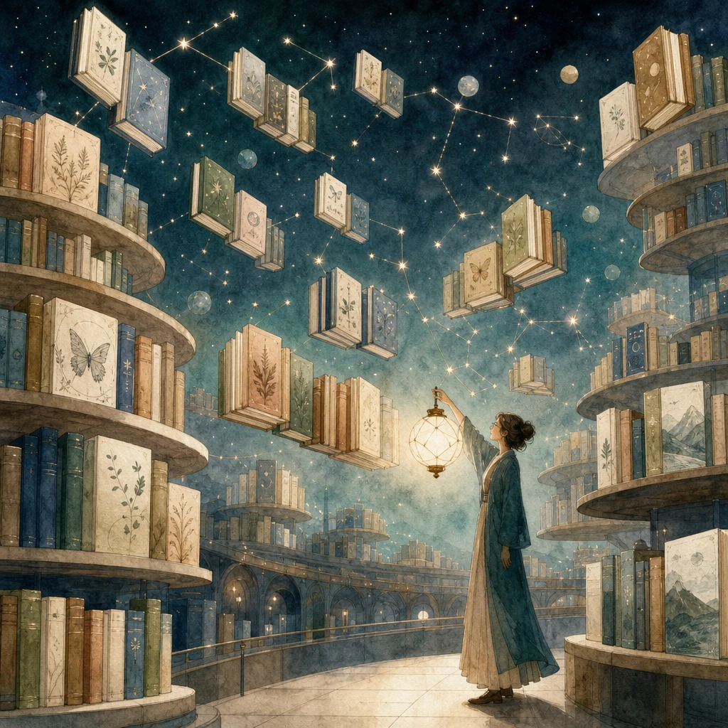 A librarian's glowing lantern draws the nearest of many constellation-clustered floating books, illustrating a vector database