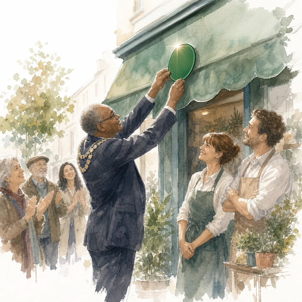 An official pins a green circular badge onto a shop awning at a small ceremony, illustrating the WhatsApp verified business green tick
