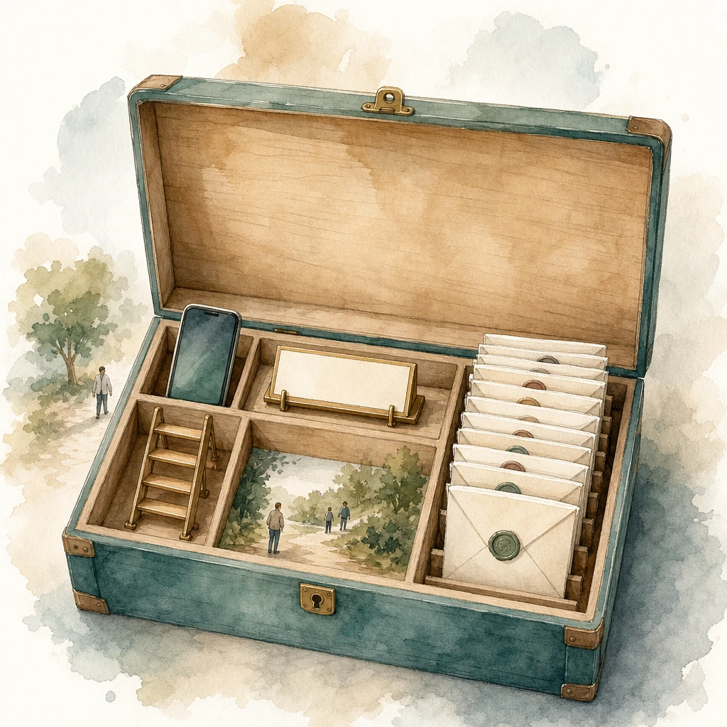 An open keepsake chest holds a miniature phone, nameplate, letter templates and tier ladder, illustrating a WhatsApp Business Account