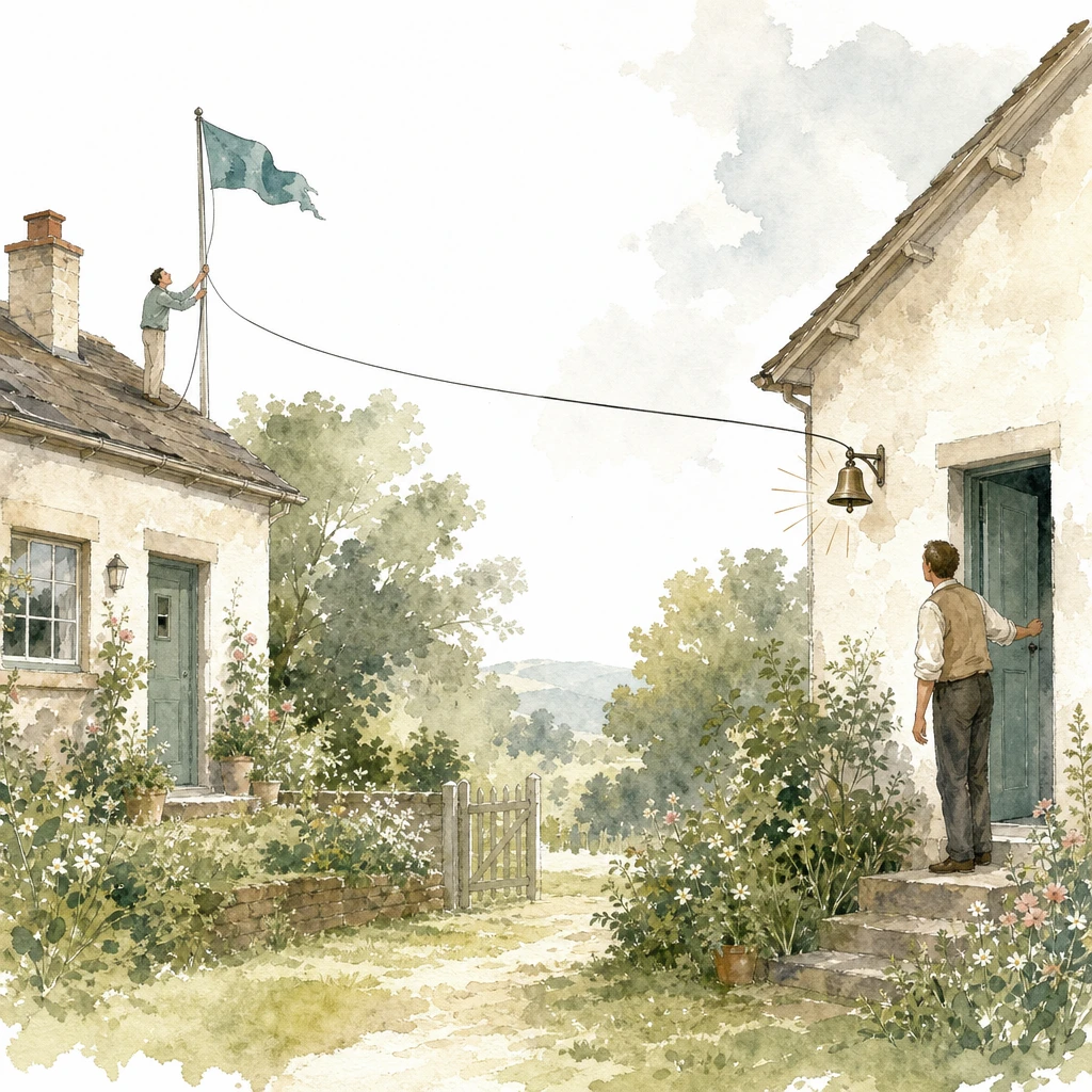 A rising flag on one house instantly rings a bell on a neighbouring house via a connecting wire, illustrating a webhook