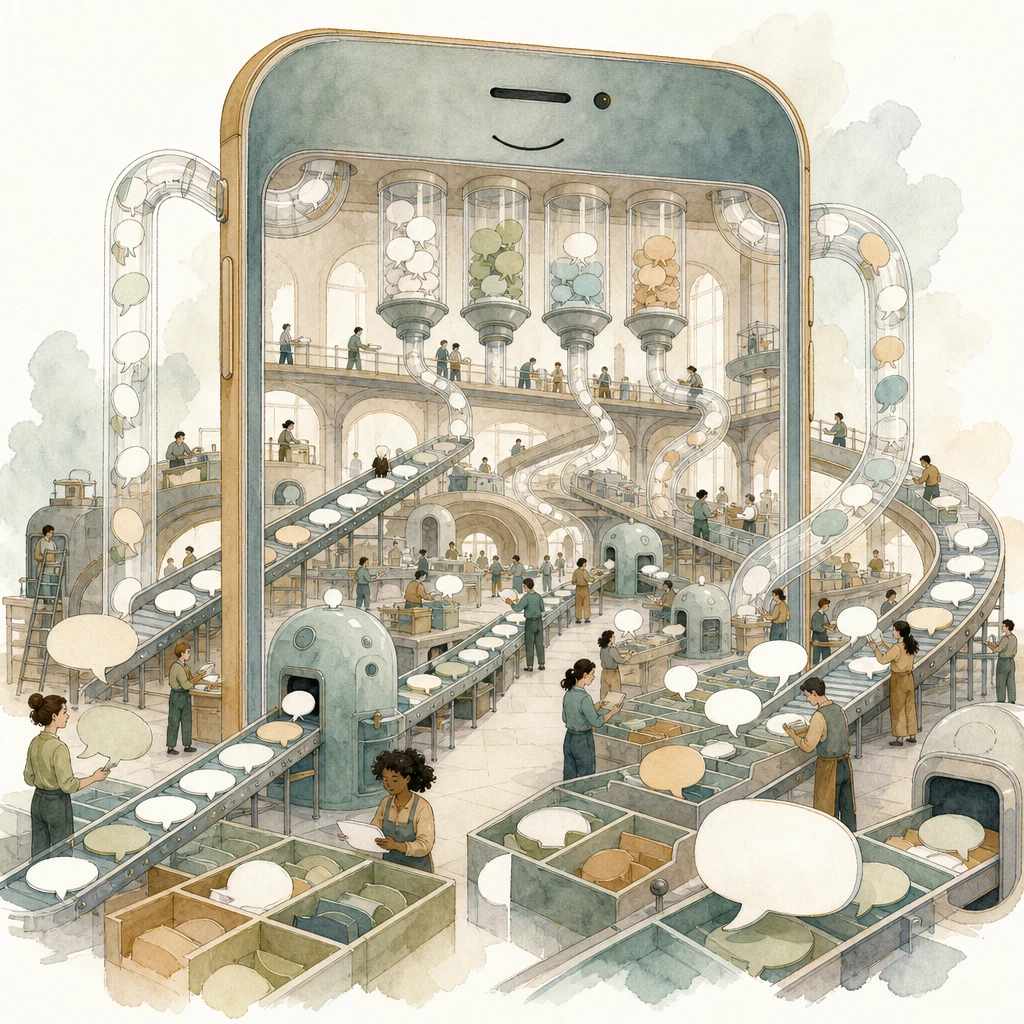 A grand mail hall behind a giant phone facade where clerks and machines sort flowing streams of chat bubbles, illustrating the WhatsApp Business API at scale