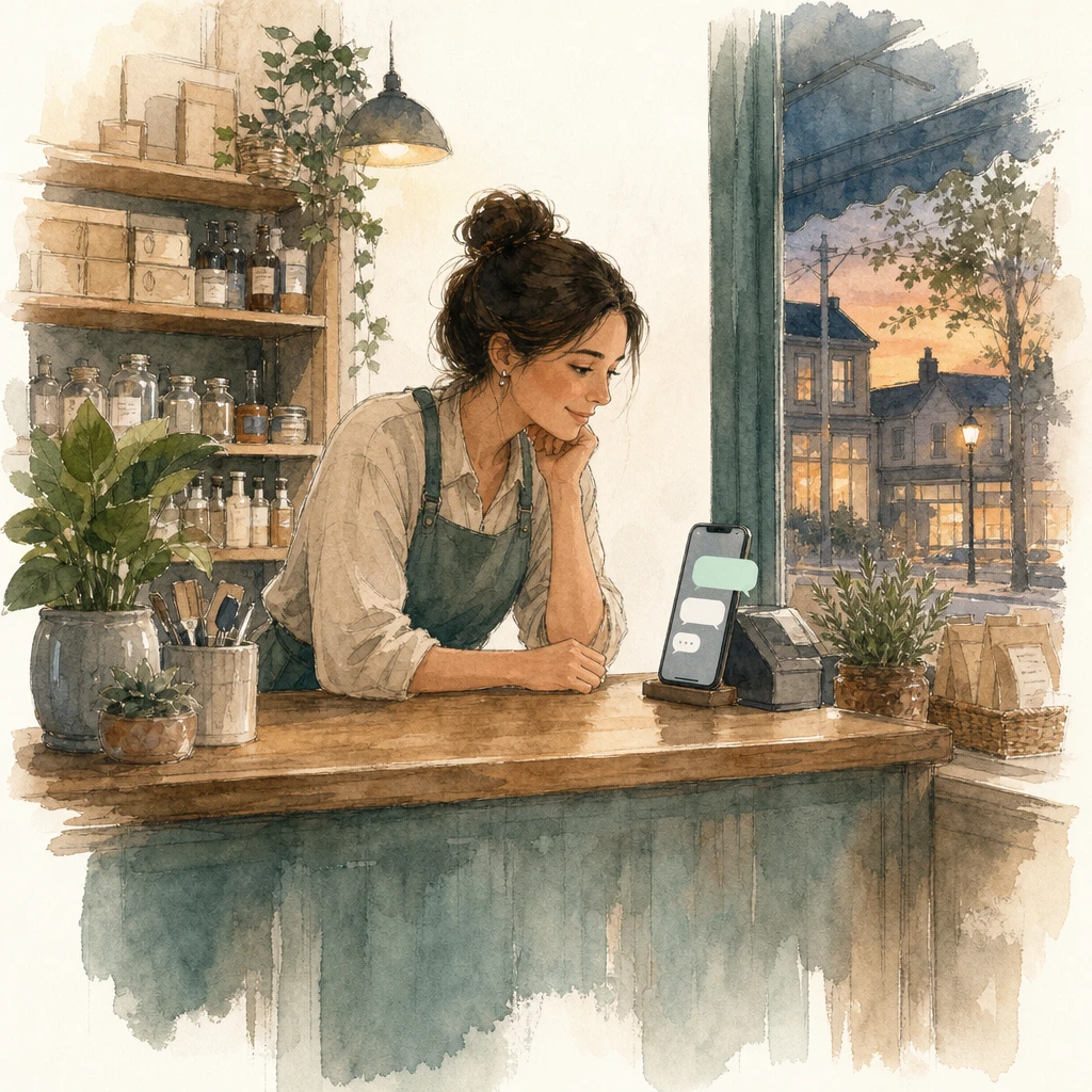 A lone shopkeeper answers chat bubbles from a single phone at a small corner shop counter, illustrating the single-user WhatsApp Business app