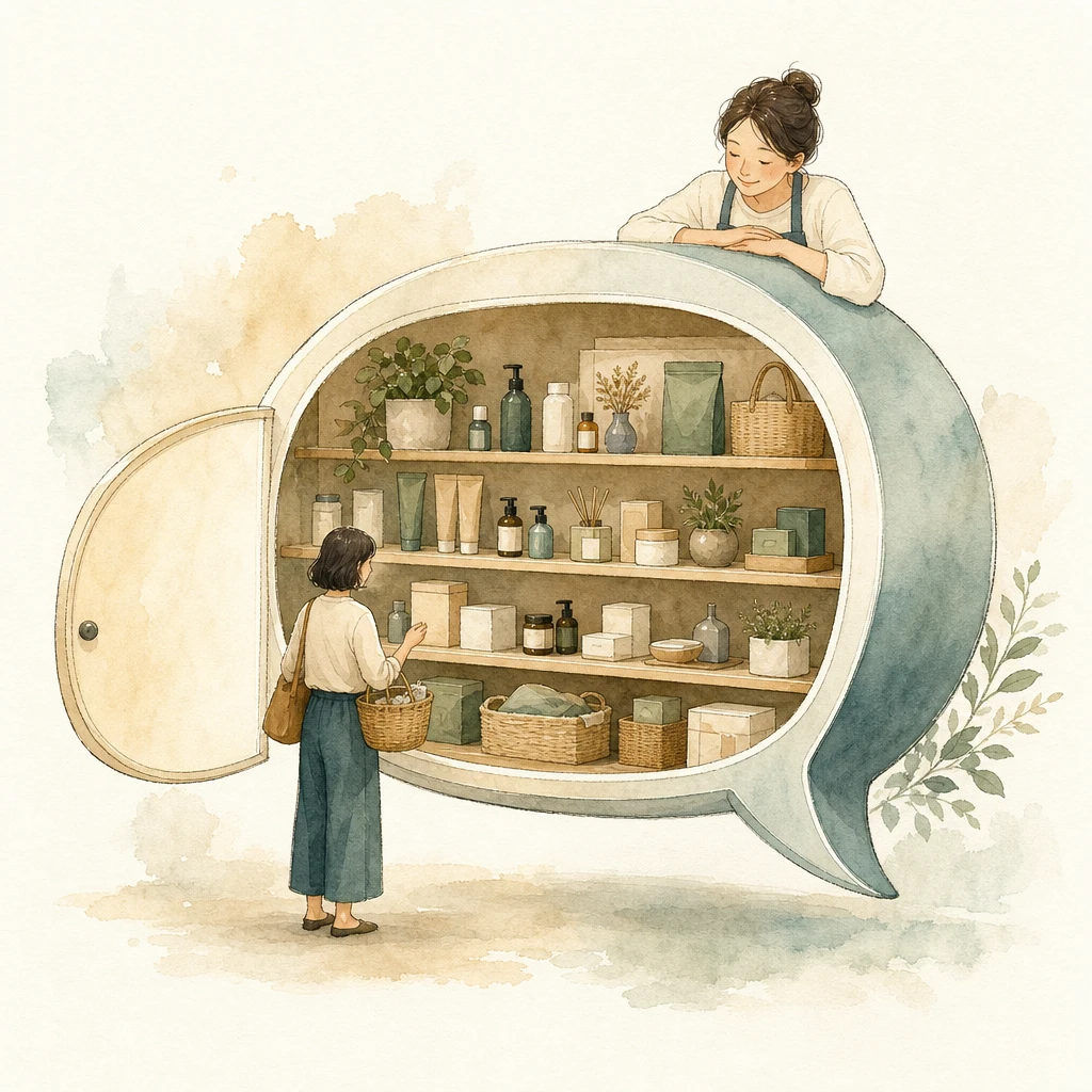 A chat bubble opens like a shop window with product shelves inside, illustrating the WhatsApp Catalog