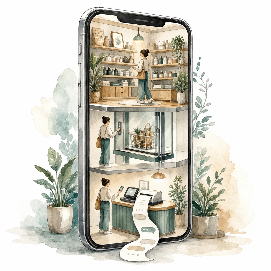 A miniature multi-floor shop inside an upright phone with shelves, a basket lift and a receipt till, illustrating WhatsApp Commerce