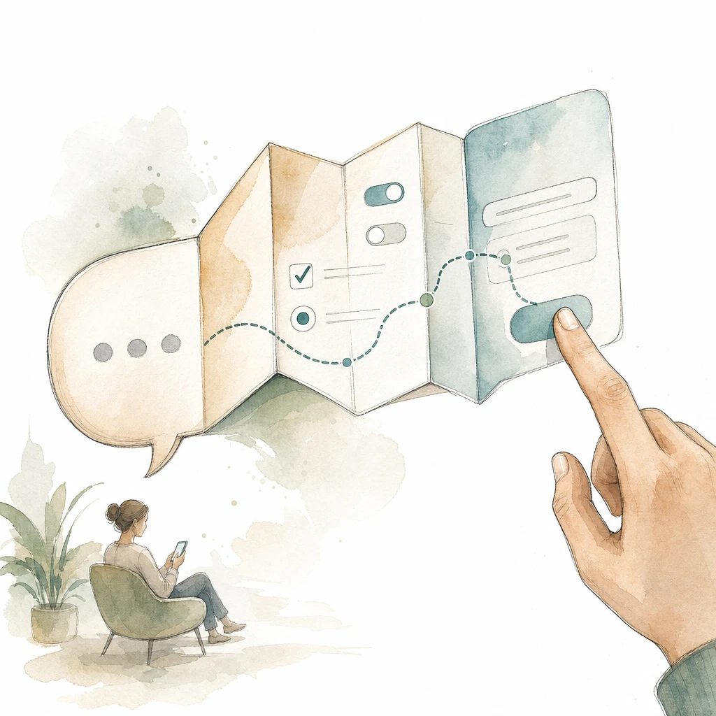 A chat bubble unfolds like origami into a multi-panel form with toggles and branching paths, illustrating WhatsApp Flows