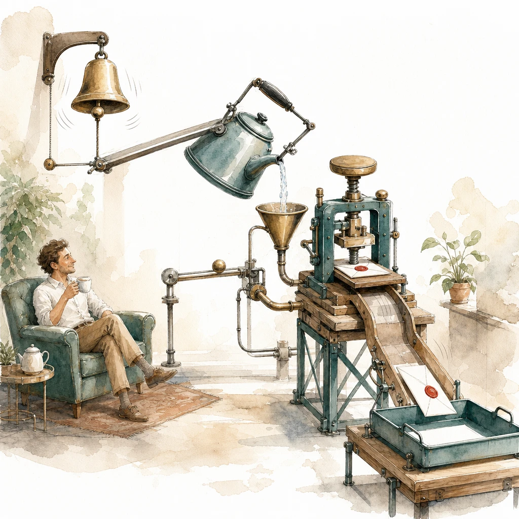 A chain of machines rings, stamps and delivers an envelope with no human touch, illustrating workflow automation