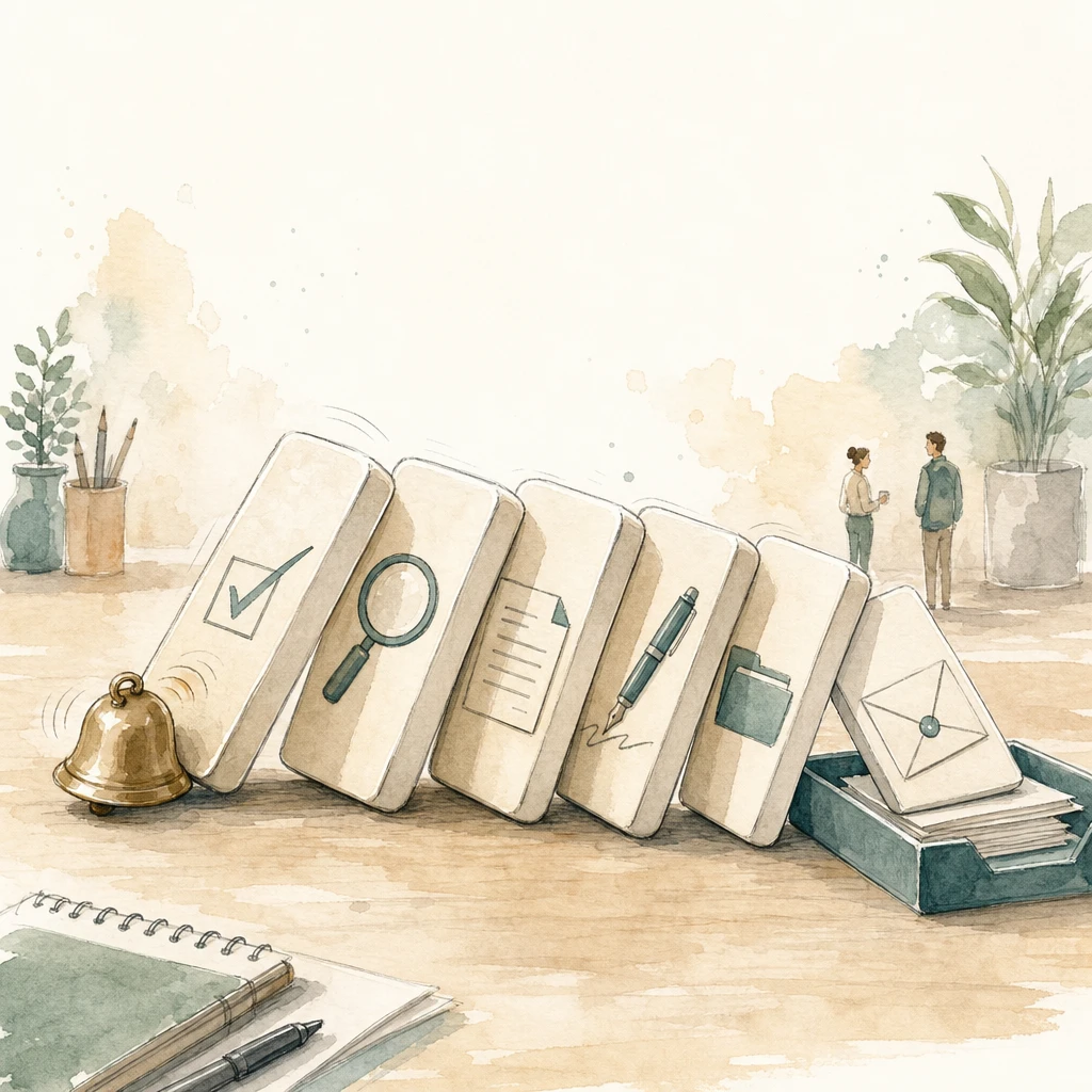 A bell tips a chain of dominoes that each perform a task ending with an envelope in a tray, illustrating Zapier trigger-action automation